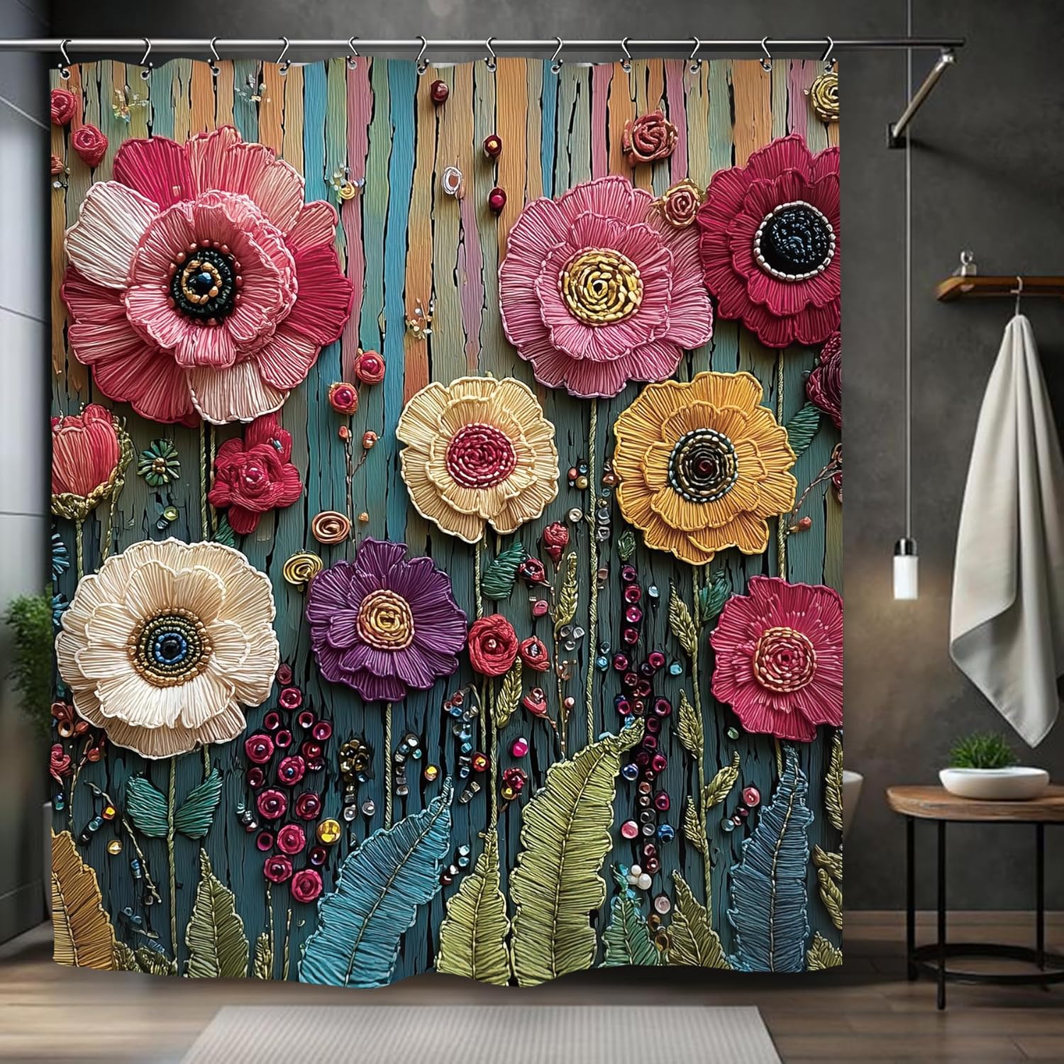 

2D Embroidered Flower Shower Curtain 72x72 Inches Colorful Wooden Style Bathroom Decor Artistic Design 90x180cm35x71in