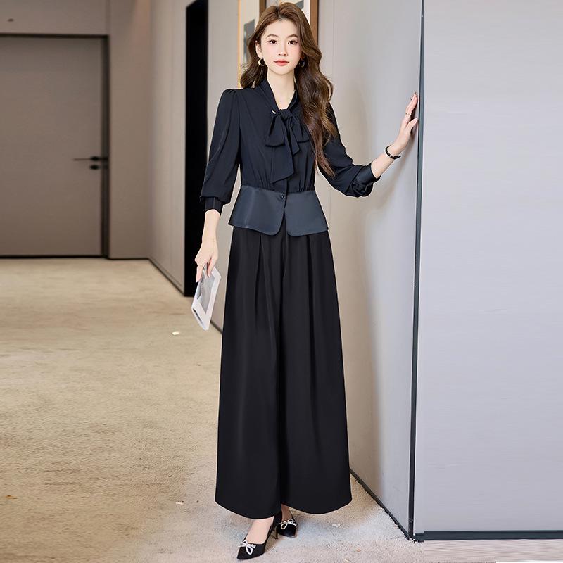 2025 Frühling & Herbst High-End Mode Zweiteiler: Schnürhemd mit langen Ärmeln & Weitbeinige Hose Set