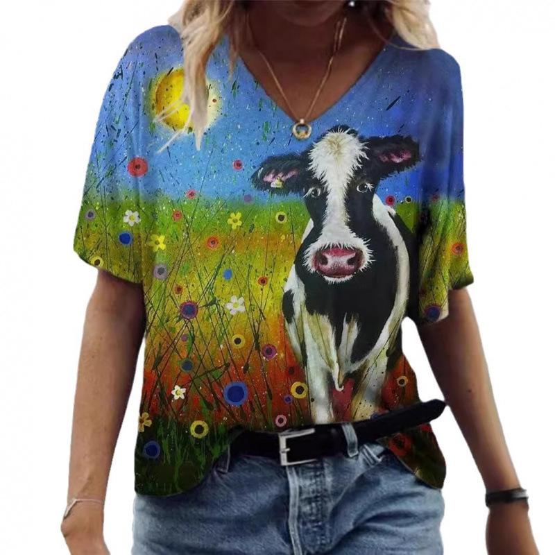 

Round Neck Top 3D Printed Trendy Animal Cow Print Short Sleeved Casual Breathable Women s T-shirts S