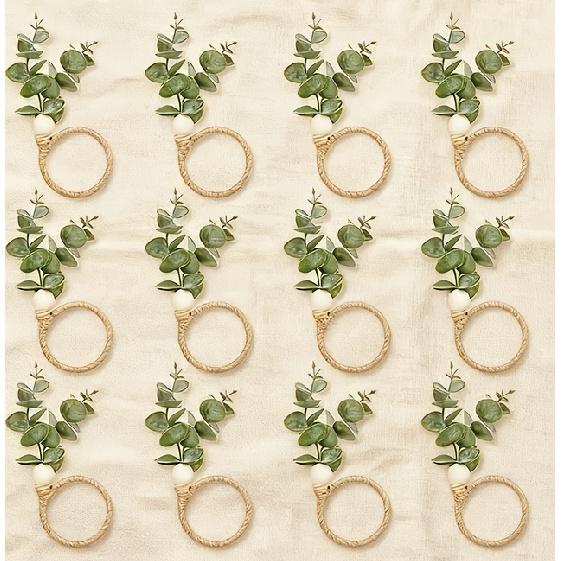 12PCS napkin ring featuring three popular elements: imitation leaf vein shape, and rustic wooden beads, suitable for wedding party table decorations. 12Pcs eucalyptus leaves