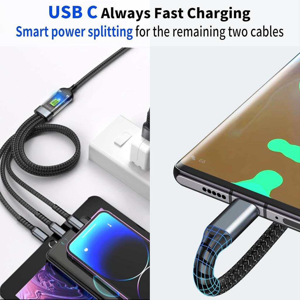 100W Super Fast Charging USB C Type 3 In 1 Data Cable With Light For IPhone Samsung Xiaomi Huawei Fast Charging Cords