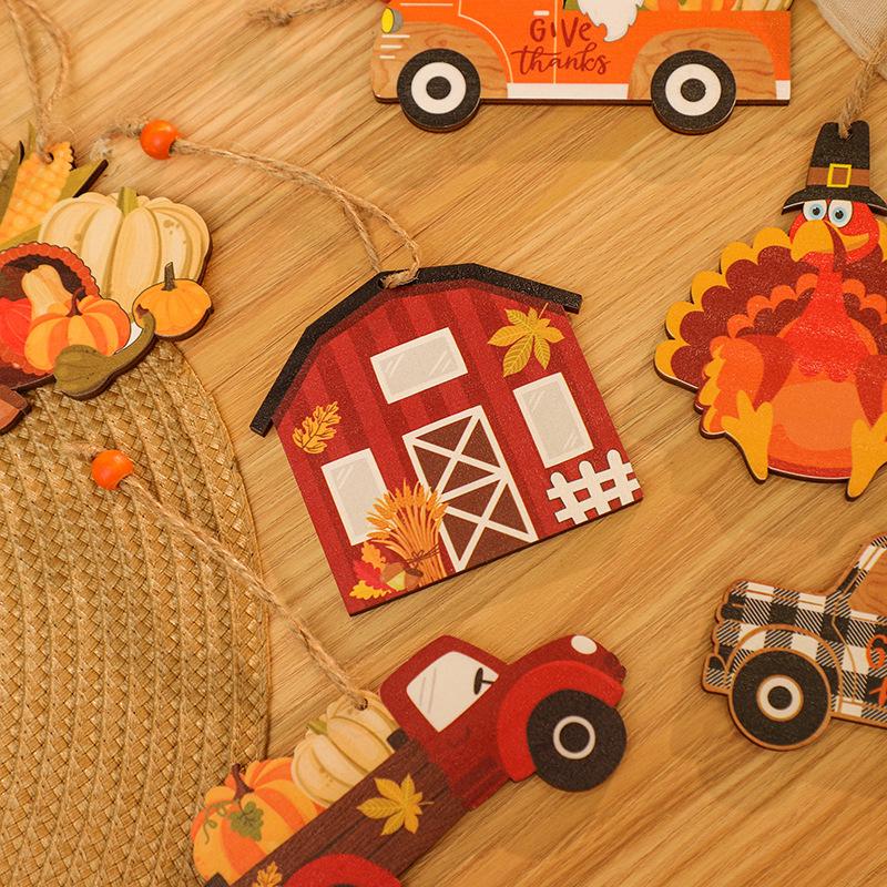 Harvest Festival Wooden Sign Turkey Pendant Thanksgiving Wooden Painted Car Pendant Pumpkin Wooden Sign Decoration