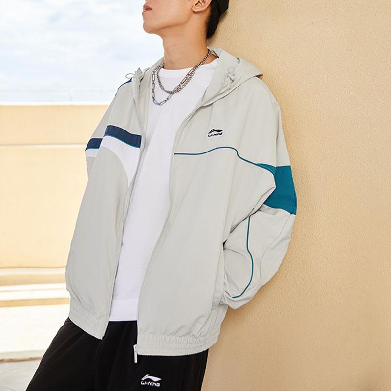 Li Ning Sports Trend Series Color Block Loose Hooded Windbreaker Unisex Outerwear Antarctic-Gray YFDT207-1