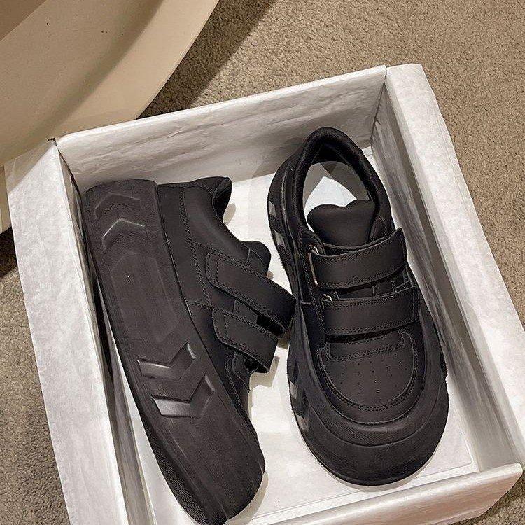 2025 Foreign Trade New INS Trendy Shoes Leather Surface Women's Shoes Women's Thick Sole Heightening Student Shoes White Shoes Velcro