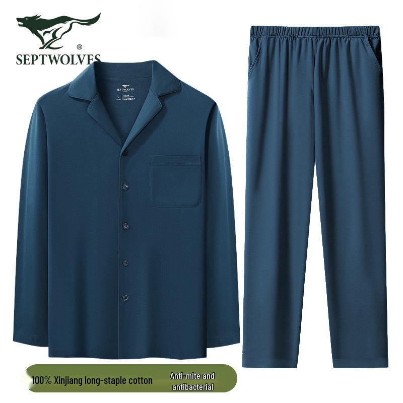 Pánské pyžamo Septwolves z čisté bavlny, jednobarevné, s dlouhým rukávem a rozepínáním vpředu