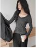 Women's Gray Drop-Shoulder Slim-Fit Fishbone Long-Sleeve Tee, New Autumn Design