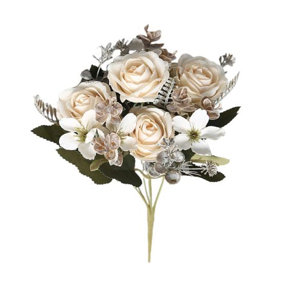 Faux Fern Leaves Artificial Rose Flowers Bouquet for Wedding Bridal, Fake Light Luxury Floral Arrangement Home Decoration And Photography Props,