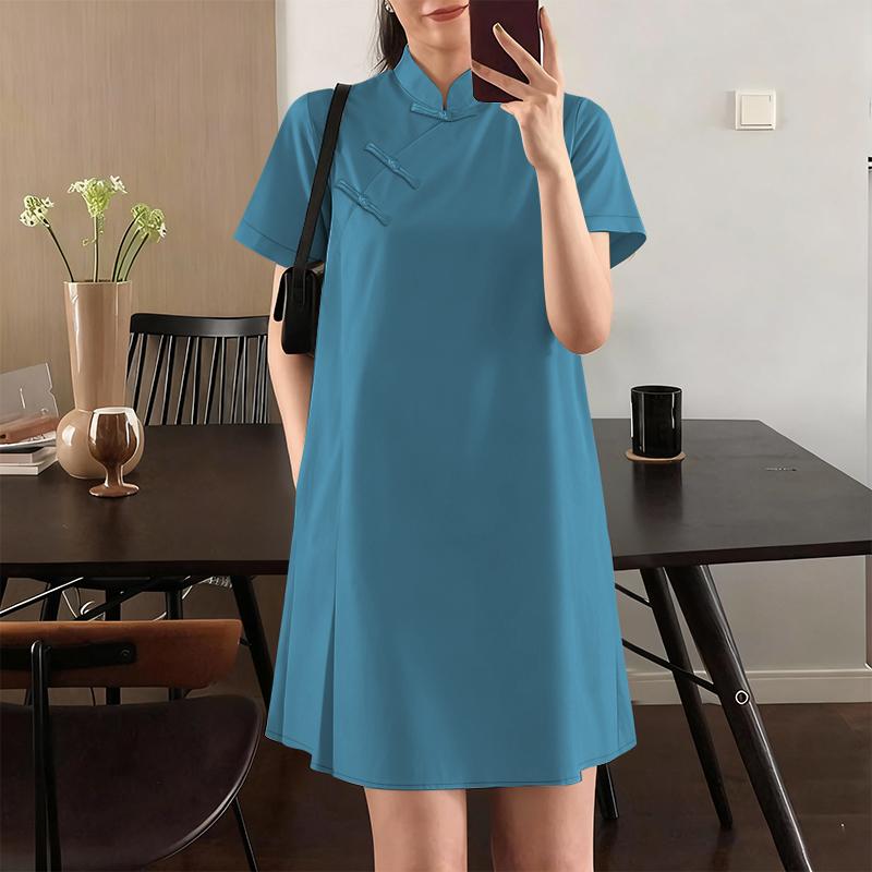 ZANZEA Damen Freizeit Stehkragen Sommer Kurzarm Kleid