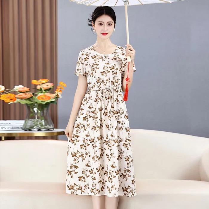 Elegant Floral A-Line Midi Dress for Women - Waist-Cinching, Slimming, Short-Sleeved, with Pockets, New Summer Arrival
