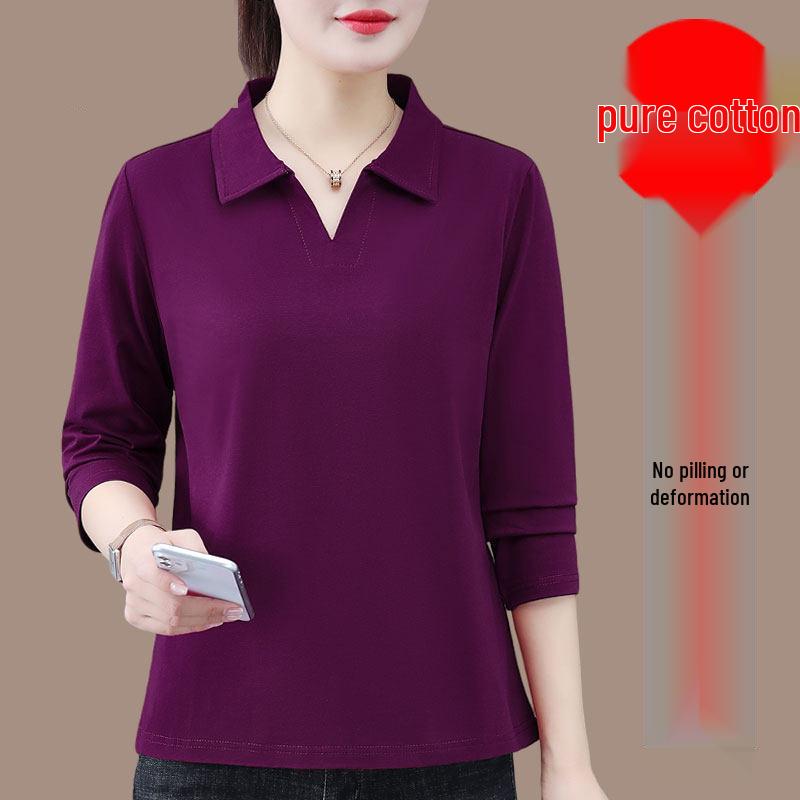 Premium Pure Cotton Long-Sleeve Women's T-Shirt, Spring/Autumn 2026, Plus Size Loose Fit for Middle-Aged Mothers
