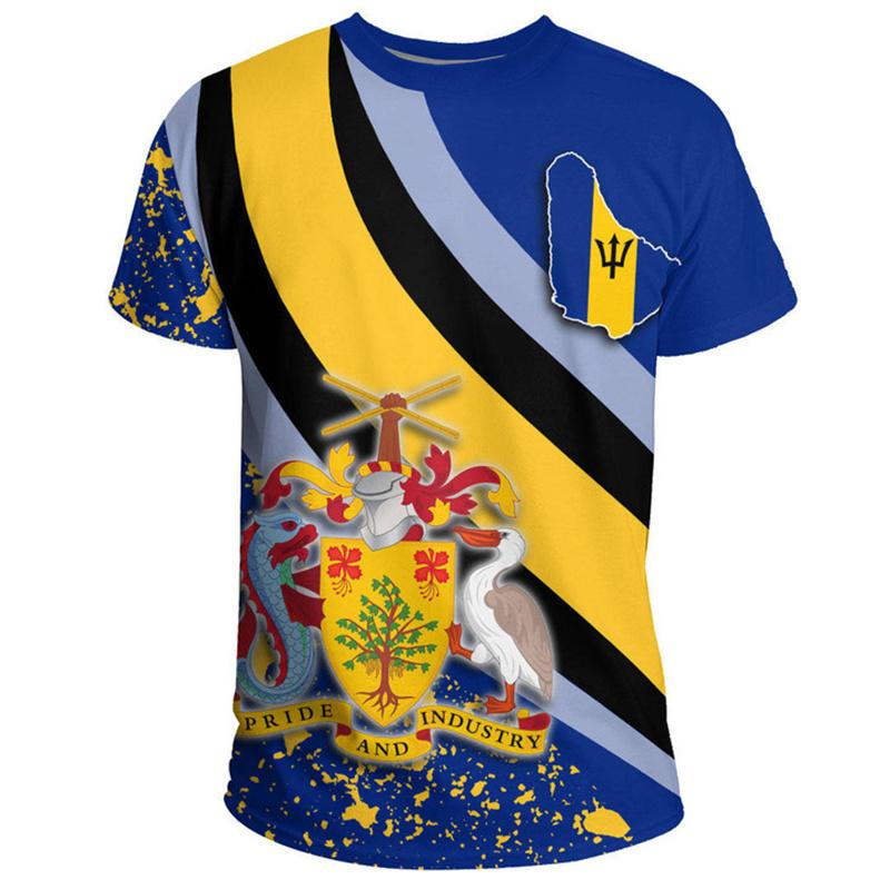 3D Barbados National Flag Map Printing T Shirt Barbados Coat Of Arms Graphic Tee Shirts Fashion Streetwear Short Sleeves Clothes