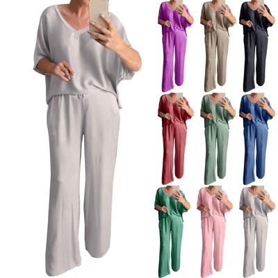 Kadın Bol V Yaka Kazak Rahat Kısa Kollu Uzun Pantolon Moda Takım Elbise
