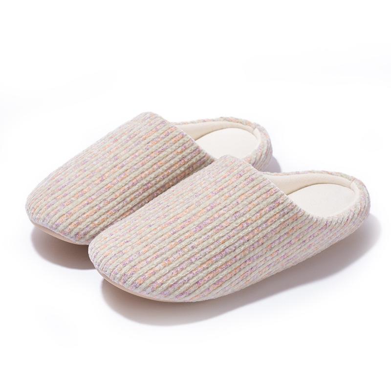 New simple striped silent home slippers autumn and winter indoor household velvet warm couple cotton slippers