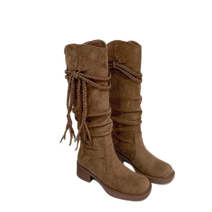 Retro Wasteland Fringed Knight Boots Women's Thick Heel Boots 2025 New Autumn and Summer Western Cowboy Pile Boots