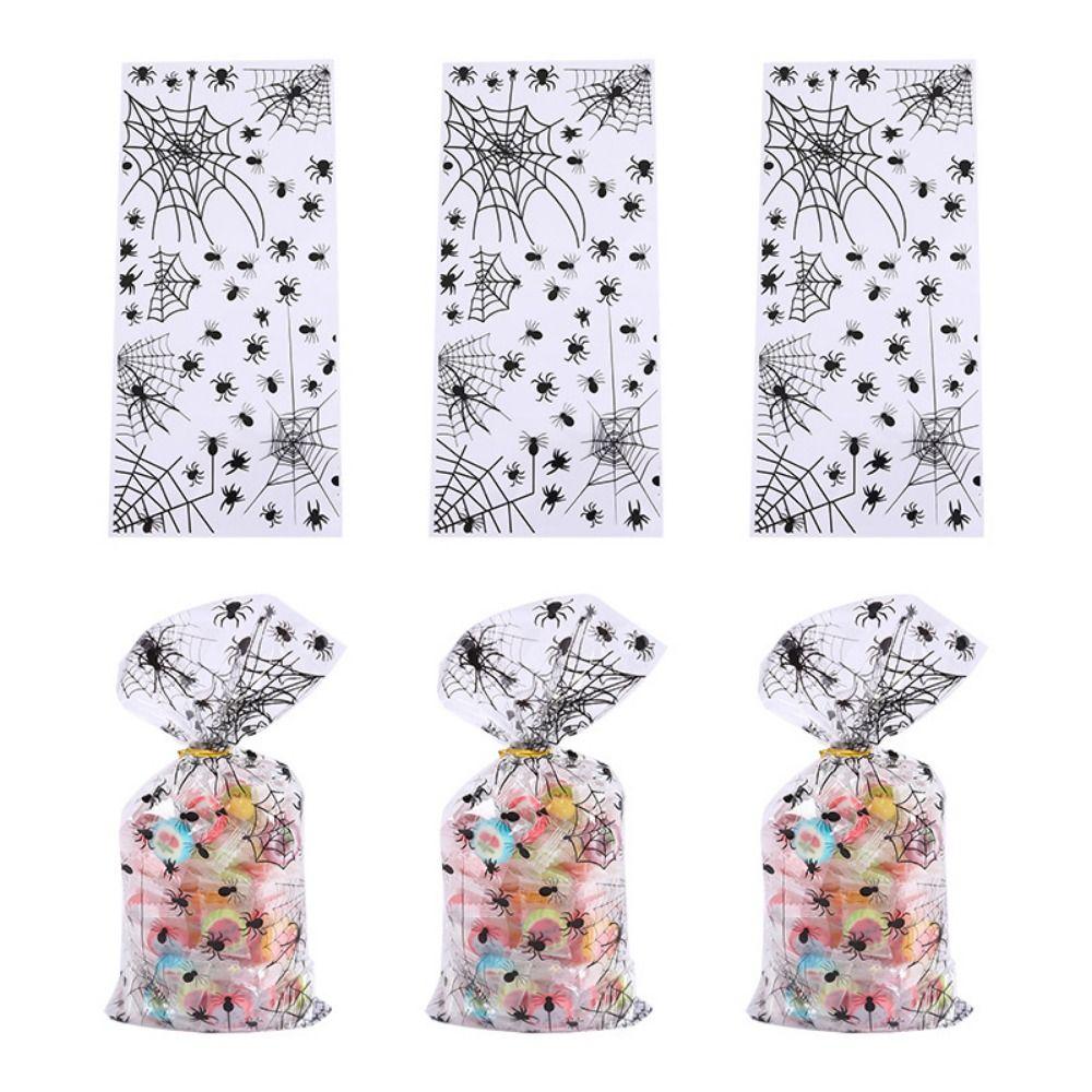 50pcs/pack Spider Printed Halloween Cellophane Treat Bag Trick or Treat Cookie Bags  Halloween Decor