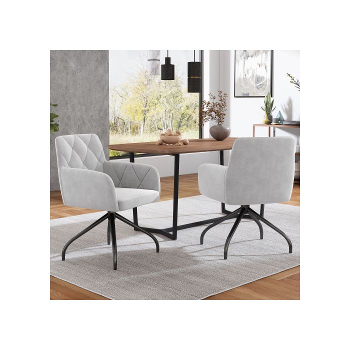 Lot de 2 chaises de salle à manger pivotantes à 360°, fauteuil rembourré avec 4 pieds en métal, support lombaire, velours, gris