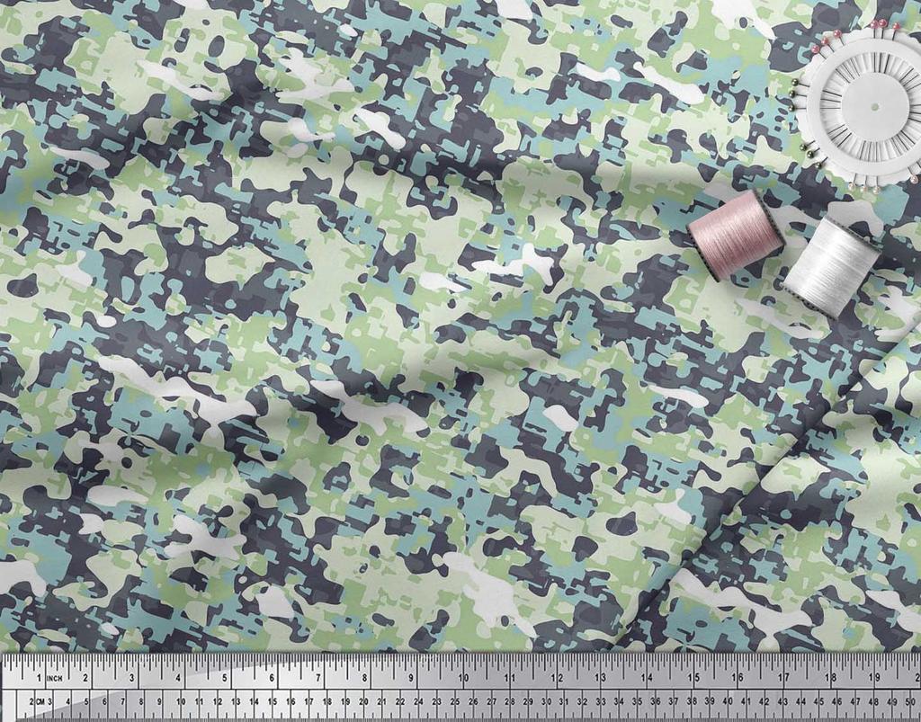 Soimoi Japan Crepe Satin Fabric Two Tone With White Camouflage Print Fabric by the metre 42 Inch