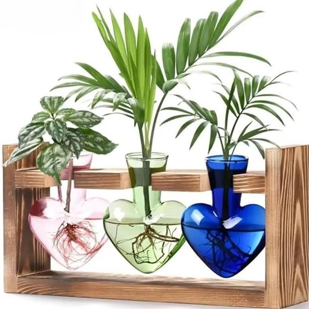 Wooden Stand Heart Shaped Glass Vase Colorful Desktop Vase  Home Decoration