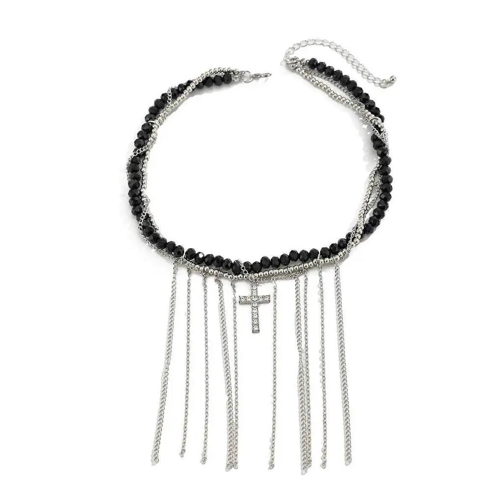 IngeSight.Z New Cross Zircon Bead Necklace Fashion Trend Accessory Cross Glass Tassel Necklace Suitable Women Party Jewelry Gift