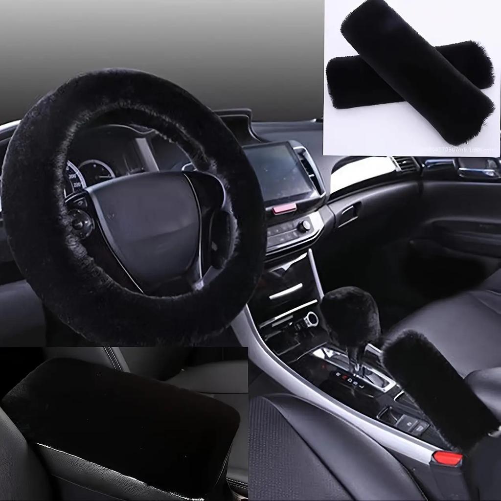 Universal Plush Car Steering Wheel Covers Winter Faux Fur Hand Brake & Gear Cover Set Car Interior Accessories 38cm Amagi