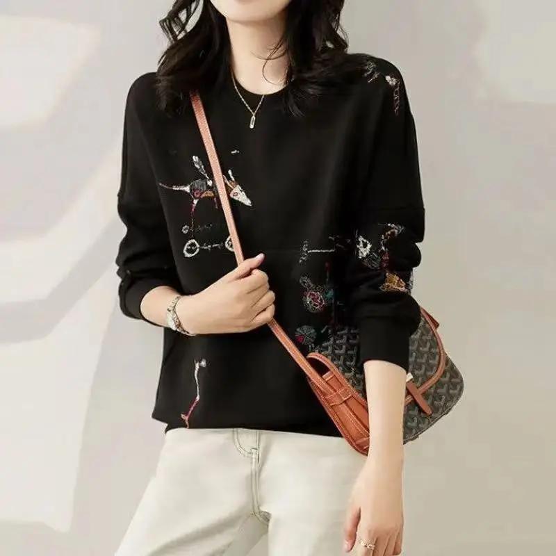 Casual Chic Hoodie Female O Neck Long Sleeve Loose Pullover Tops Women Korean Fashion Funny Embroidery Cotton Sweatshirt Simple