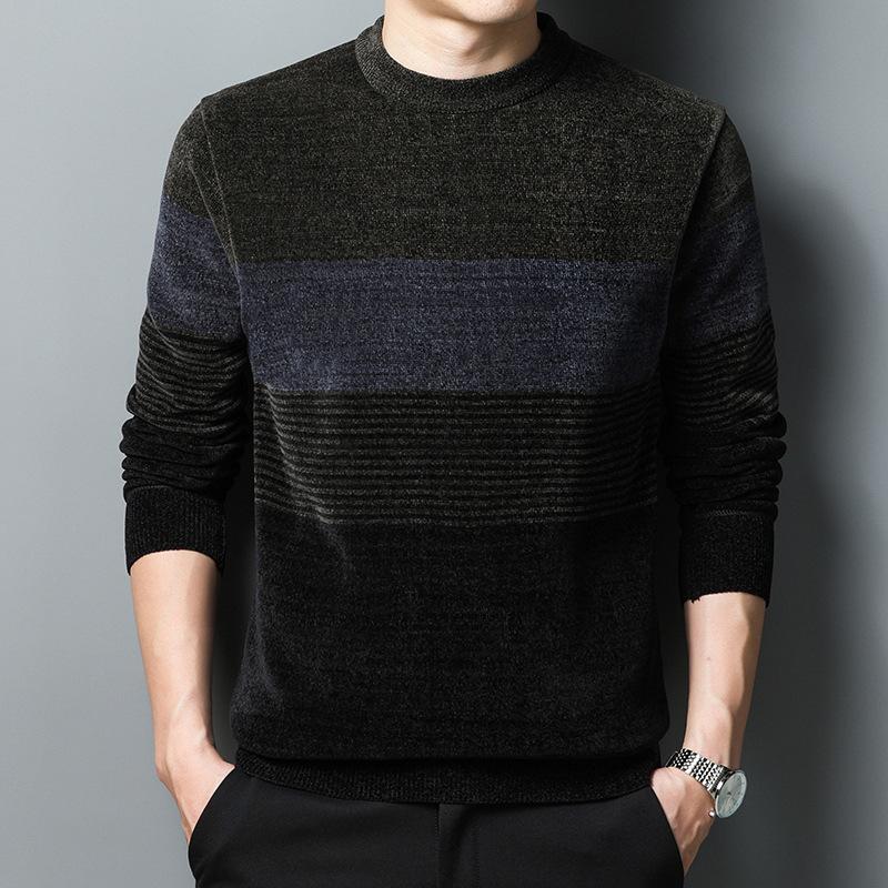 Men's Striped Knit Sweater, Casual Round Neck Pullover, Polyester, Long Sleeve for Daily and Leisure, Autumn/Winter Season, Youth and Adult Unisex Top