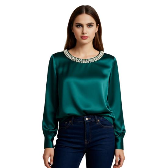 Women Tops Round Neck Long Sleeve Smooth Satin Pullover Tops Solid Color Loose Fit Faux Pearls Decor Casual Shirt Daily Wear