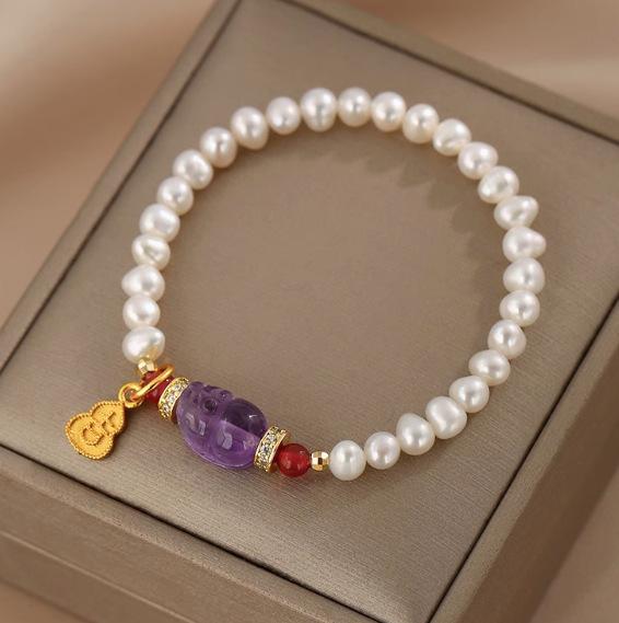 Natural pearl bracelet, national style gourd pendant bracelet, Pixiu amethyst beaded jewelry.