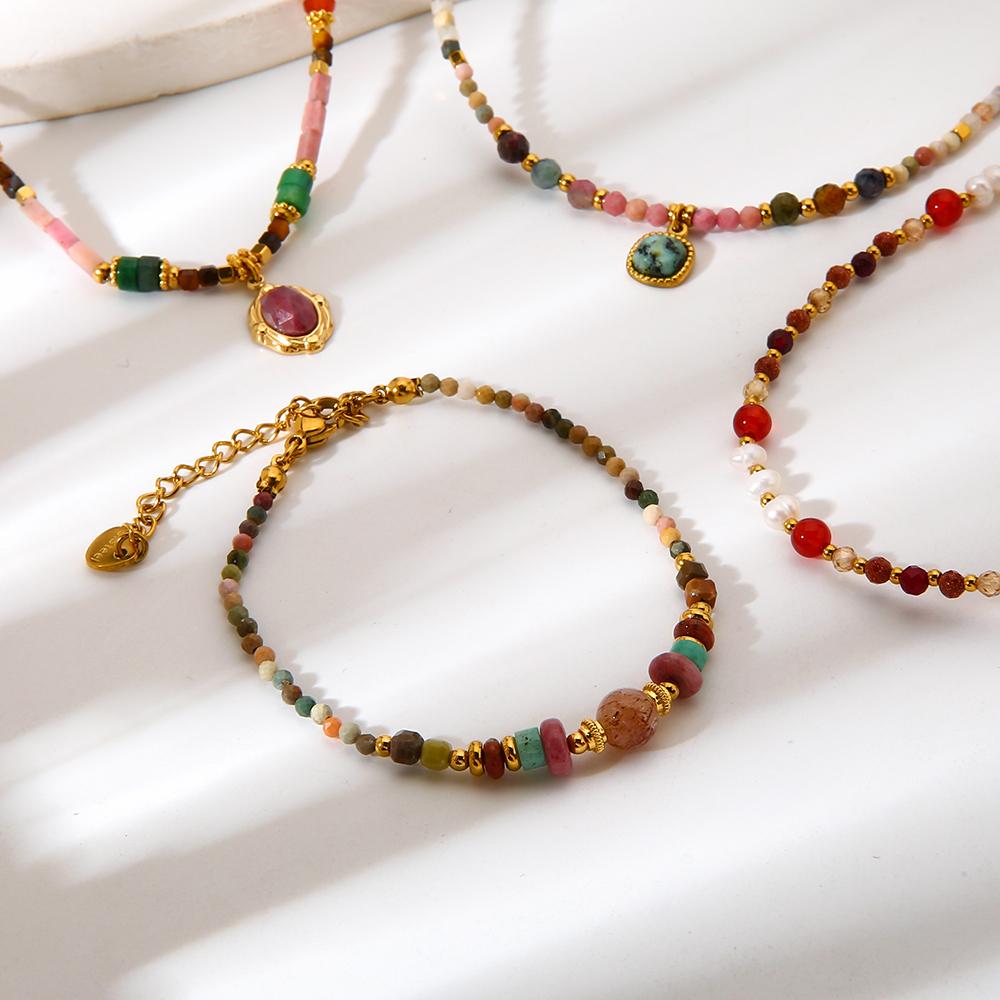 Delicate Jewelry Stainless Steel Mix Color Beads Natural Stones Charms Beaded Bracelet Necklace for Party