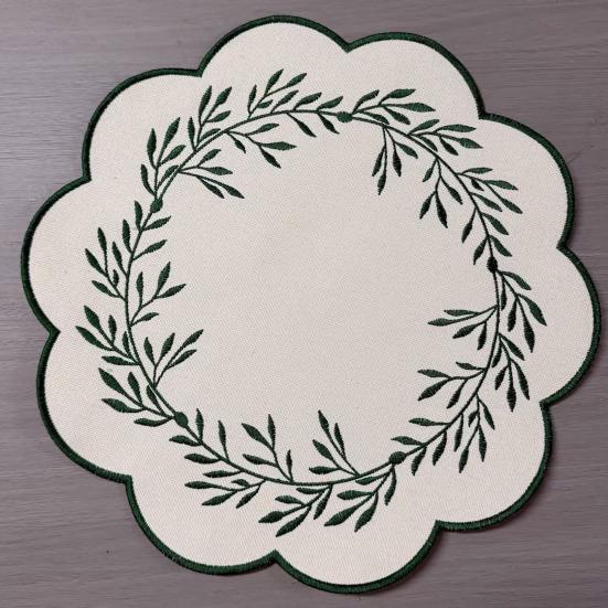 Yousheng Embroidered Placemat Washable Durable Canvas Dining Mat 38cm Olive Branch Embroidery Table Mat Heat Resistant Non-Slip Table Protector for