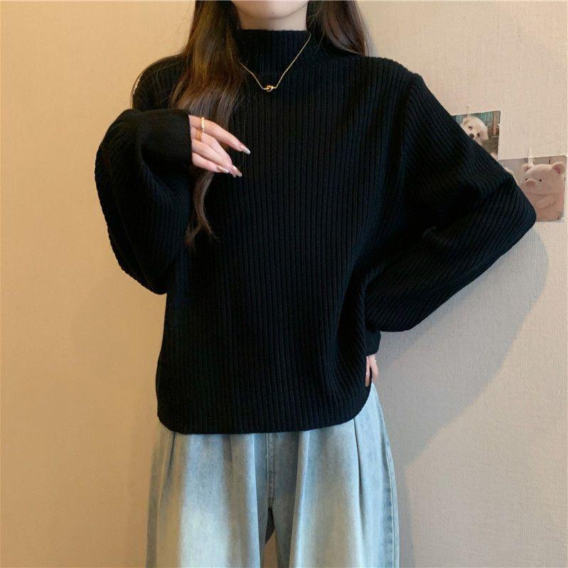 

Женский лонгслив в крупную полоску свободного кроя: Осень и Зима, Полувысокий Ворот, Стройнящий и Теплый XL чёрный