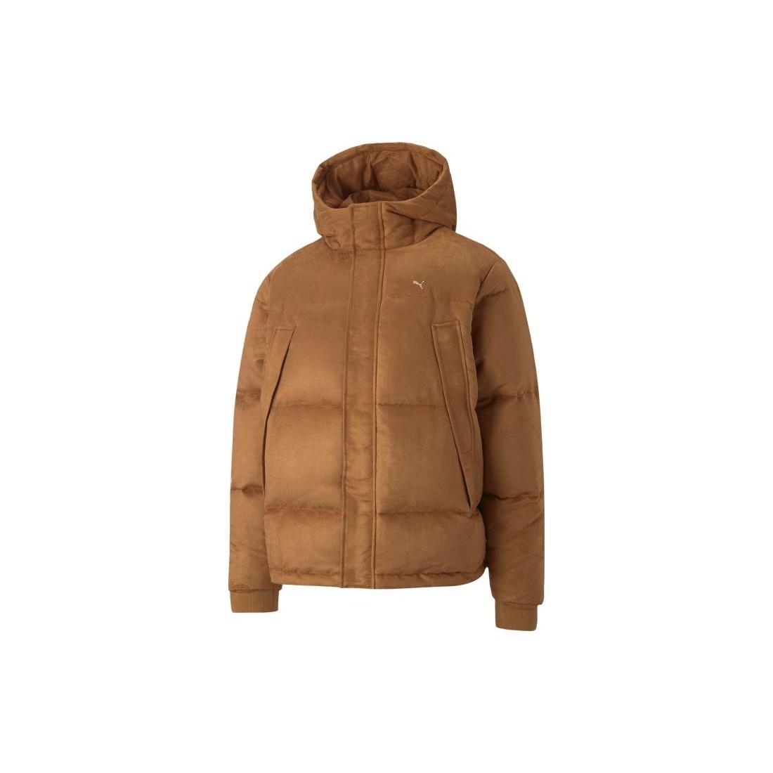 PUMA Logo MMQ Faux Leather Down Jacket Brown Men s 535786-74 XS