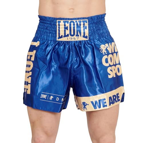 Leone 1947 DNA Shorts, Unisex Muay Thai/Kickboxing Shorts, Satin Fabric with Elastic Waist (Size L), Blue/Gold, AB966 [Authentic]