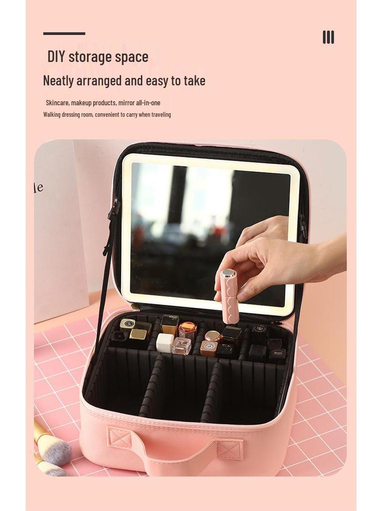Portable LED Makeup Bag with Full Screen Mirror - Large Capacity Cosmetics Organizer