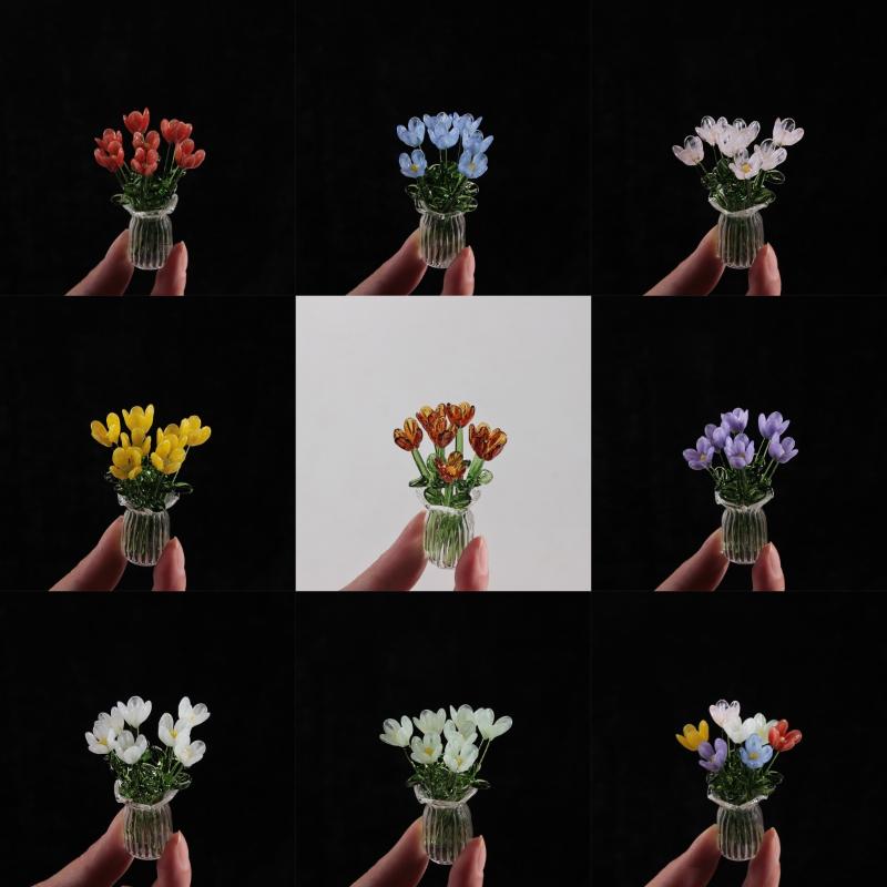 1set Mini Lifelike Glass Flowers Simulation Floral Bouquet With Vase Handcrafted Home Decoration Gift