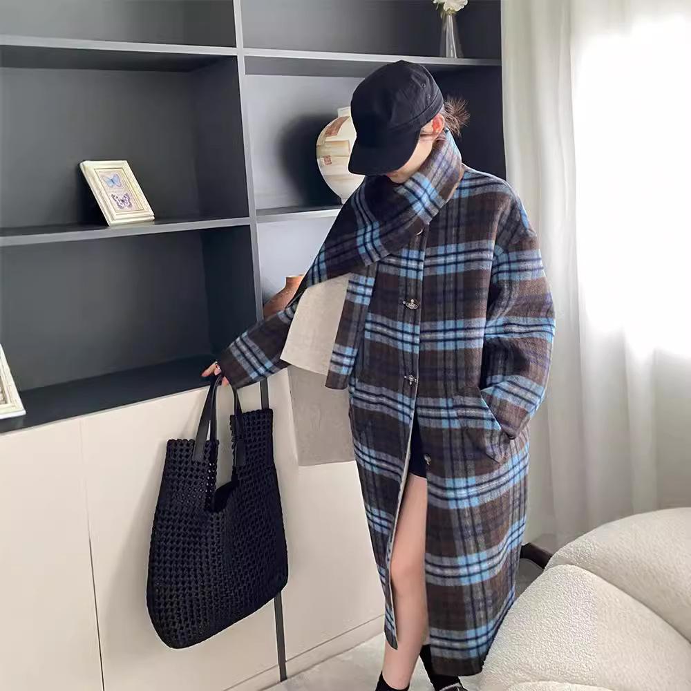 Scarf Collar Plaid Double-sided Wool Coat Long Reversible Plaid Coat Women's Autumn and Winter New Style