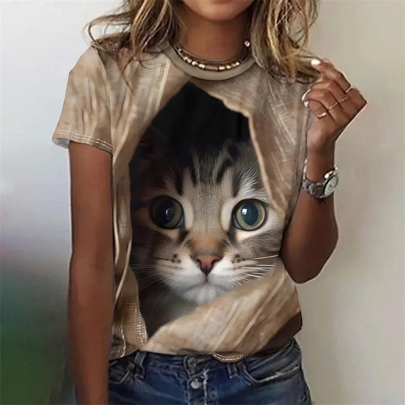 3D-gedrucktes künstlerisches Katzen-T-Shirt für Damen Lustiges Tier Haustier Muster T-Shirts Sommer Freizeit Kurzarm Lockere T-Shirts O-Ausschnitt Oberteile
