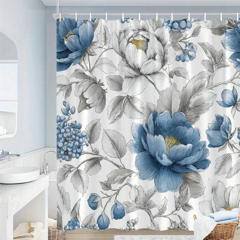 

Blue Shower Curtain With Peony And Hydrangea Pattern, Machine Washable Polyester, With Hooks, Suitable For Bathroom Dcor. W60H190(CM)-1 Pcs