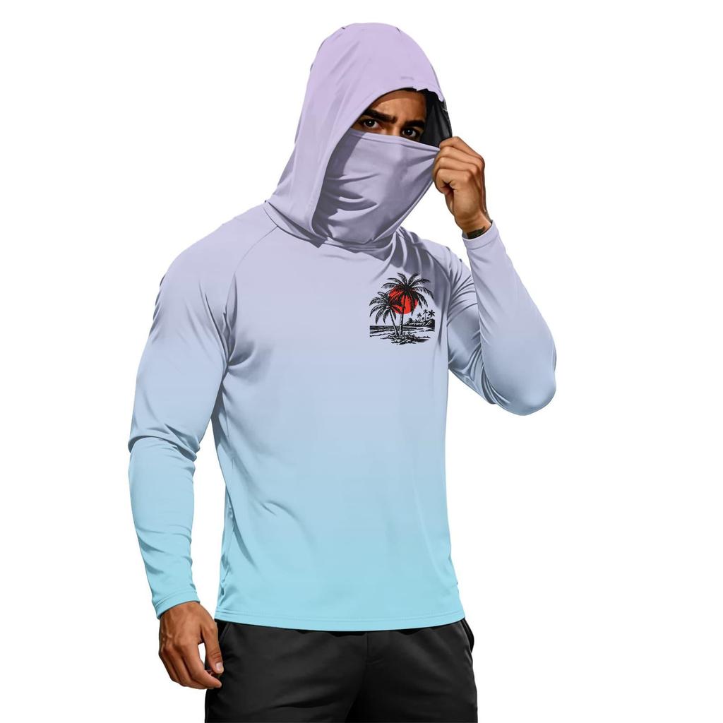 Men’s Long Sleeve Hooded Sun T Shirt with Tree Print Lightweight 50 Plus Quick Dry Athletic Top for Outdoor Sports