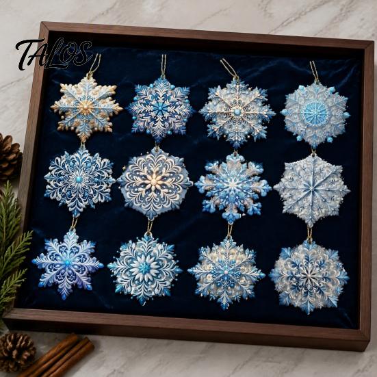 Christmas Tree Hanging Decorations 12 Pcs Wooden Snowflake Ornaments, Blue Winter Decoration, Ornaments Double Sided Holiday Pendant with Rope