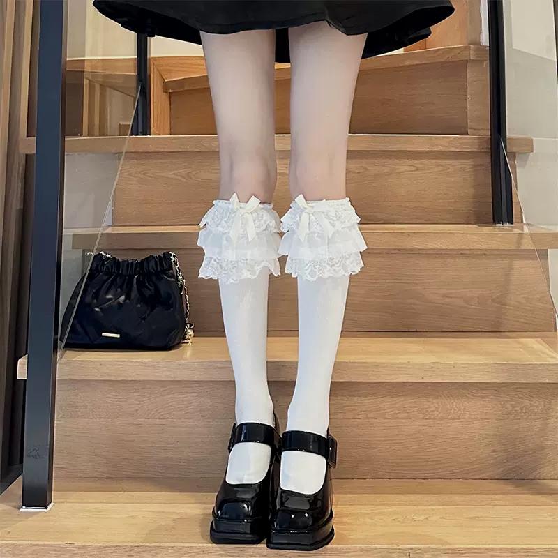 2026Lolita Multi-layer Lace Lace Calf Socks, Bow Cotton Socks, Thigh-high Socks, Beautiful Fairy Japanese-style Mid-calf.