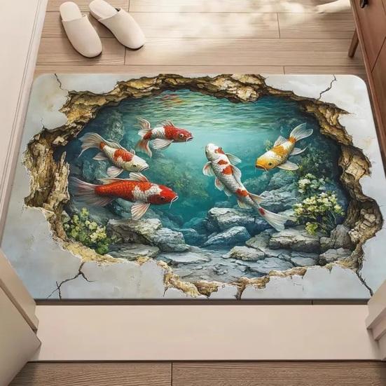 3D Optical Illusion Fish Area Rug Realistic Ground Crack Floor Carpet Non Slip Indoor Doormat for Living Room Bedroom Entryway Bath