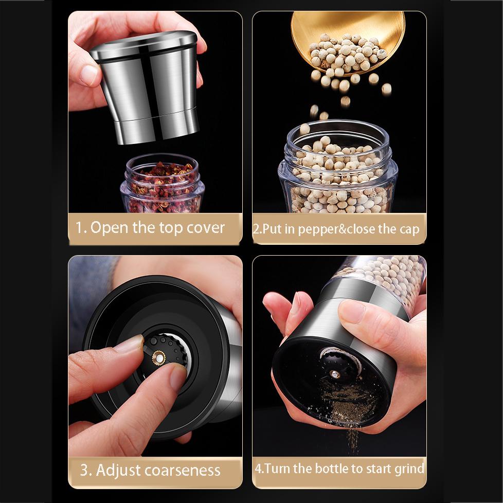 Molinillo de pimienta de acero inoxidable, molinillo de pimienta con aspereza ajustable, empuñaduras manuales, molinillo de sal, pimentero recargable, salero