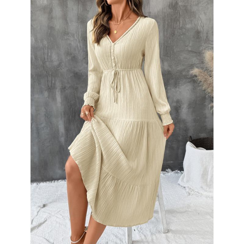 Spring Autumn V-neck Elegant Fashion Lace Up A-line Dress Women Long Sleeve Casual Fashion Robe Vestidos