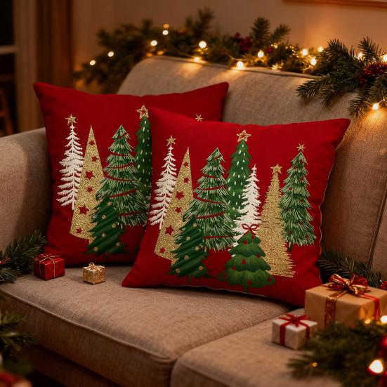 Weihnachts Karierter Kissenbezug Weihnachtsbaum Kissenbezug mit Verdecktem Reißverschluss Karomuster Zierkissenbezug für Festliche Heim Bauernhaus Deko