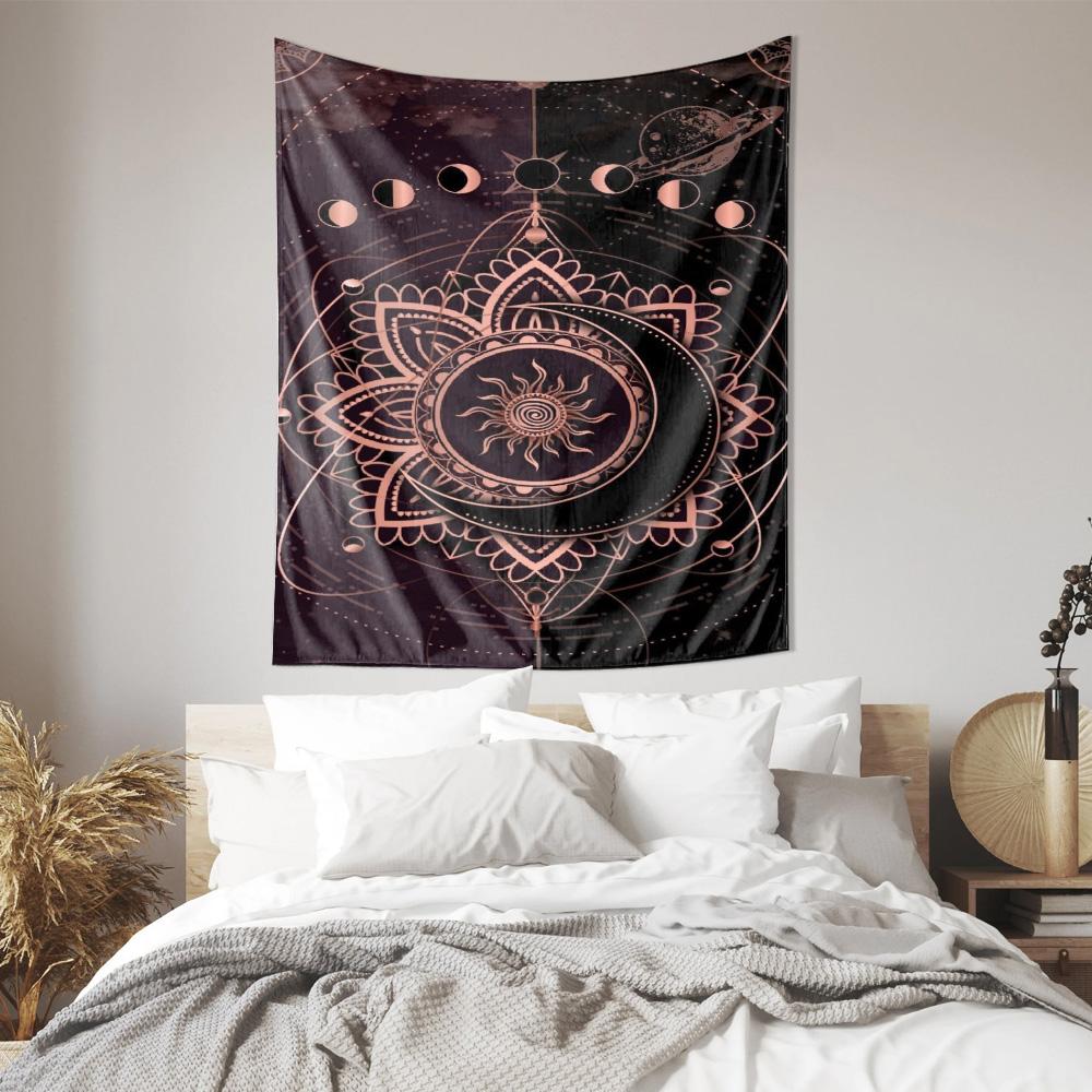 Cosmic Rose Gold Mandala Tapestry with the Beauty of Moon Phases Planets