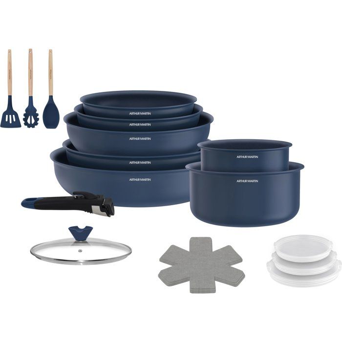 Batterie de cuisine - Tous feux dont induction - ARTHUR MARTIN – Revêtement céramique - 18 pièces - Poignée amovible - Bleu