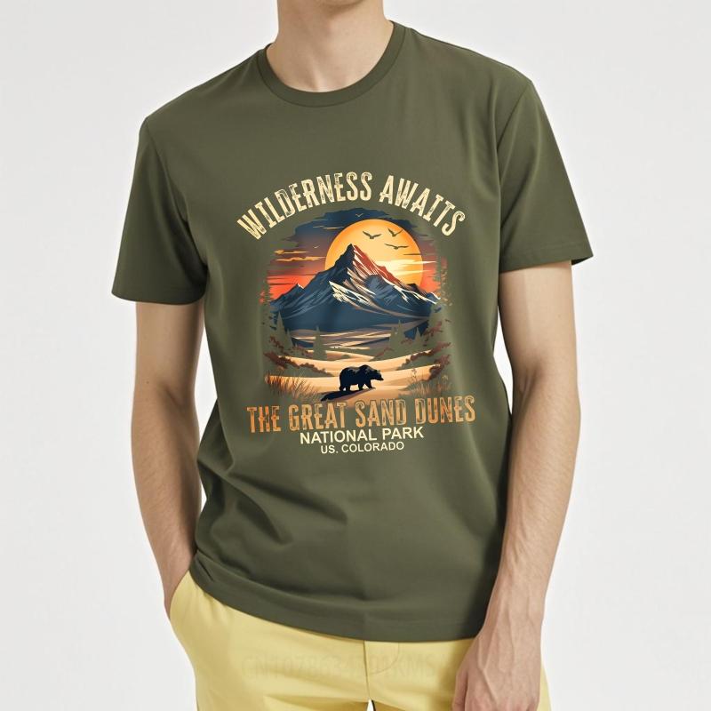 Graphic Summer Teenagers T Shirt Wilderness Awaits Mountain Sunset Bear Trees Dunes Park Colorado Short Sleeve Street Wear Crew