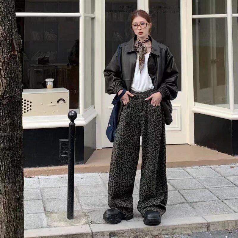 

Джинсы унисекс с леопардовым принтом: Выстиранный, Потертый, Прямой крой, Уличный стиль для весны и осени 5XL