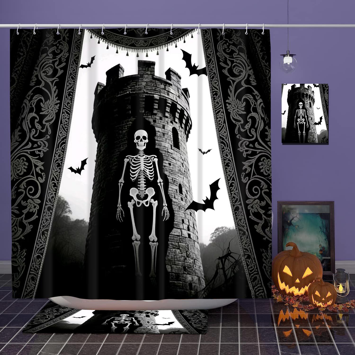 

Halloween Gothic Black And White Pattern Bathroom Shower Curtain With 12 Hooks Home Bathroom Decor And Accessories 180x180cm curtain